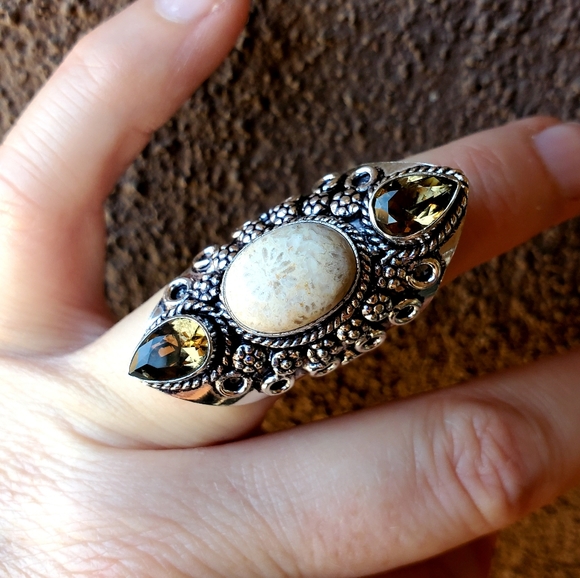 New Fossil Coral & Smoky Topaz 925 Silver Ring. - Picture 9 of 16